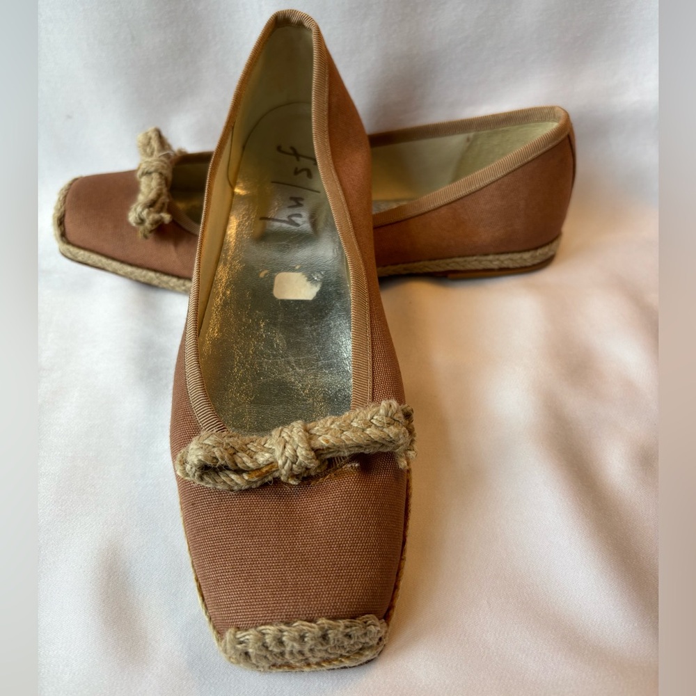 Copper colored canvas slip ons with square toe and rope detailing by FS NY